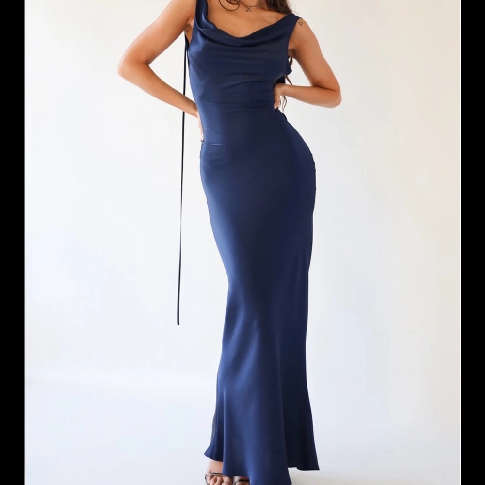 Mirror Palais Plunging Back Cowl Dress Navy